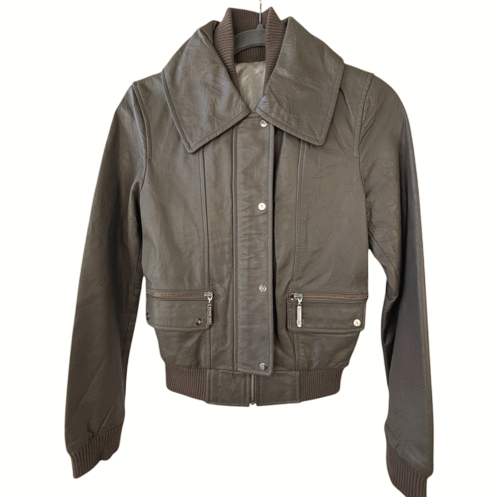 Richard Chai Smokey Brown Textured Faux Leather Bomber Jacket. Size XXS